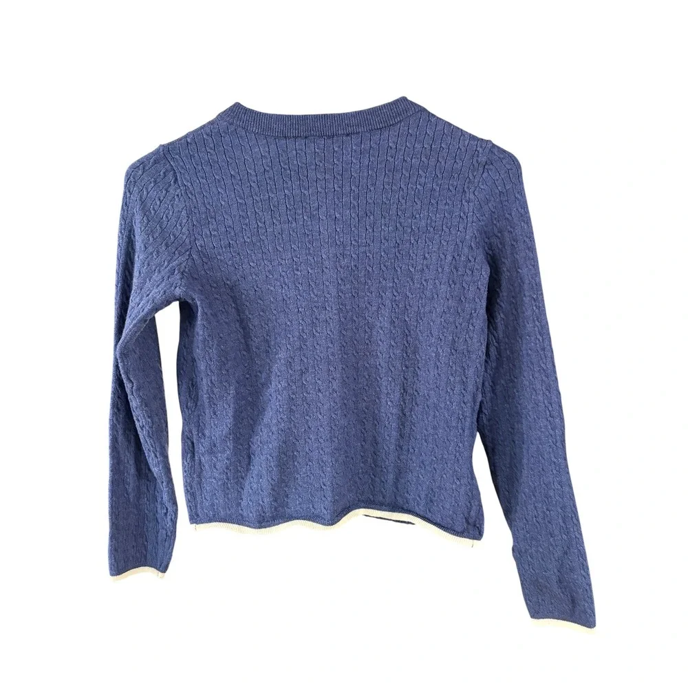 Freshman 1996 Girls Blue Cable Knit Cardigan Sweater Size L 12/14 Cream Trim